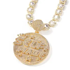 Male Geometric Solid Back Round Pendant, Daily Wear Iced-Out Full-Paved Zirconia Bling Costume Jewelry Charm