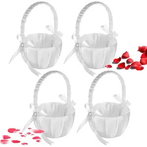 4PCS Flower Girl Basket for Wedding, White Satin Bowknot Flower Baskets Pearl Collection, Wedding Baskets for Flower Girls