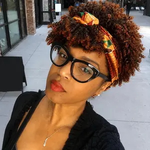 VOSILK Afro Kinky Headband Wig with Bangs 2 in 1 Head Wrap Afro Puff Wig Short Synthetic Curly With Bangs Half Wigs for Women Daily Party