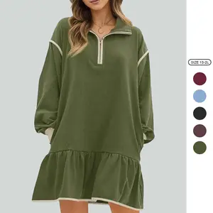 Imily Bela Womens 2025 Fall Oversized Sweatshirt Dress Casual Long Sleeve Quarter Zip Ruffle Hem Pullover Mini