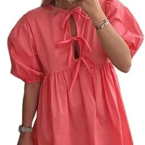 Women Casual Summer Puff Sleeve Mini Dress Bow Tie Front Y2K Babydoll Cut High Waist Peplum Dress