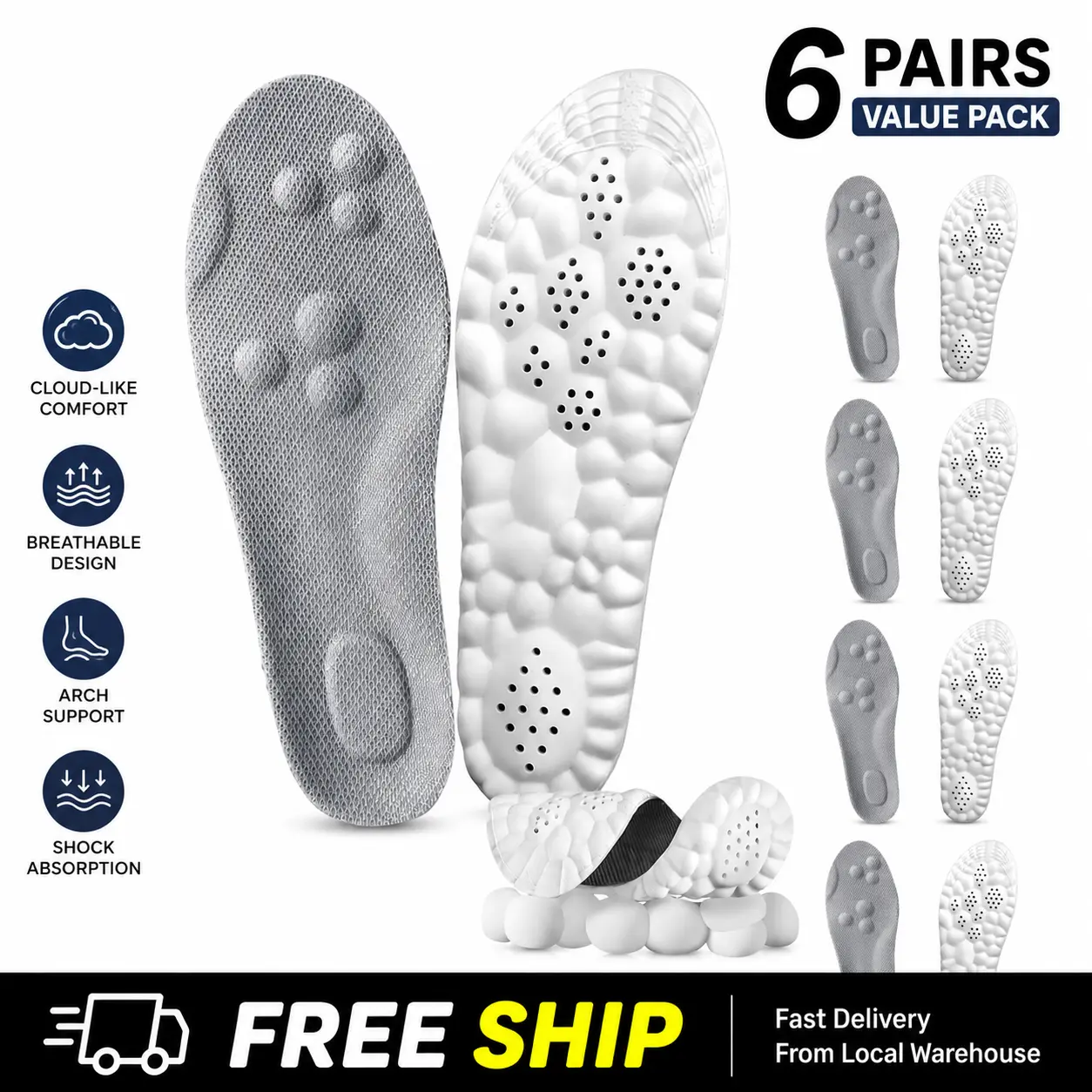 4D Cloud Soft Insole Inserts for Men - Trimmable Foam Base, Shock Absorbers, Arch Support, Breathable Massage Bumps, Anti-Foot Fatigue Height Boosters for Standing, Walking, Casual Flat Footwear (Party Gift)