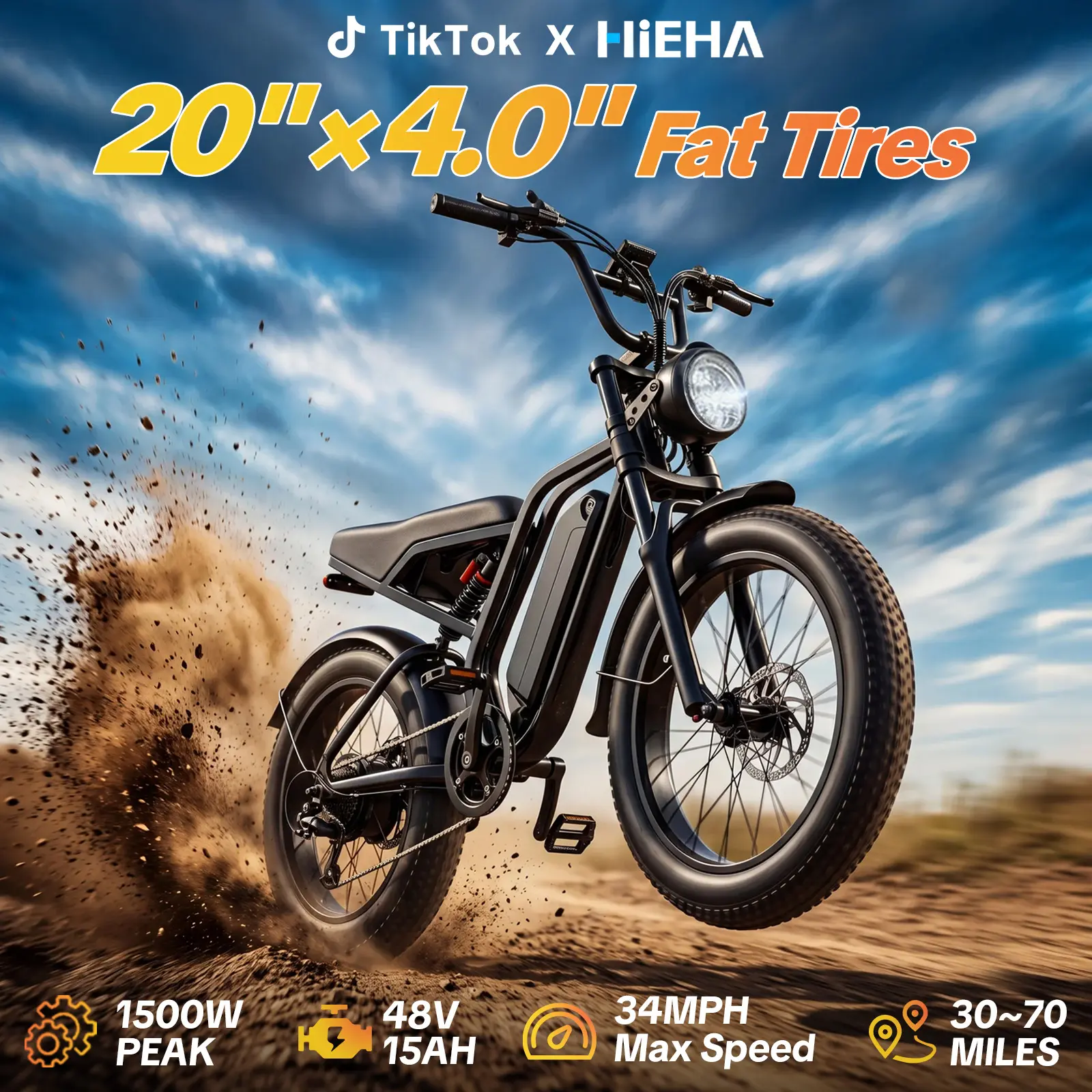 【HiEHA】Adult Electric E-Bike - 1500W Peak Power, High Speed 34MPH Max, 30-70 Miles Range, Full Suspension, 20"×4.0" Fat Tires, Removable 48V 15AH Battery, UL 2849 Certified, All-Terrain for Snow/Mountains, Commuter Energy-Saving Bike