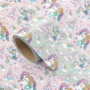 Unicorn Princess Gift Wrap Paper, Magic Castle Rainbow Print, 43.2cm X 300cm, Ideal for Birthday Parties, Celebrations, DIY Craft Decor