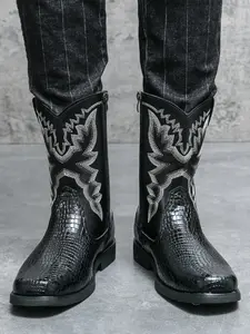 Men's High Top Western Cowboy Boots, Round Toe Low Heel Rubber Comfortable Retro Fashion Embroidered Vintage Style, Casual Wear for All Seasons