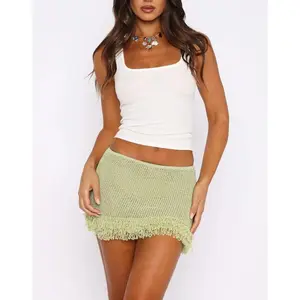 Women's Crochet Knit Fringe Skirt Low Rise Bodycon Hollow Out Beach Vacation Mini Skirt