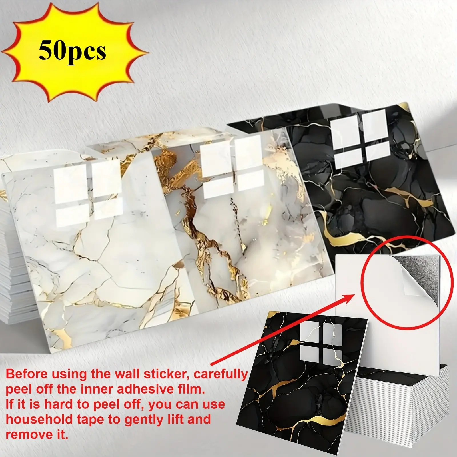 50pcs Self-Adhesive Vinyl Decorative Wall Stickers, Waterproof PVC Marble Pattern Panels, Removable Wallpaper for Bathroom Kitchen Living Room, Waterproof Wallpaper Film, Marble Wallpaper Peel and Stick, Faux Marble Finish, Interior Walls