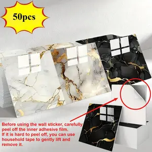 50pcs Self-Adhesive Vinyl Decorative Wall Stickers, Waterproof PVC Marble Pattern Panels, Removable Wallpaper for Bathroom Kitchen Living Room