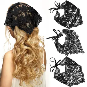 Women's 3-Piece Floral Daily Hair Accessory Set - Chiffon Hair Scarf, Polyester Knitted Lace Headband, Unisex Vintage Head Kerchief Headwrap for Fashion Enthusiasts