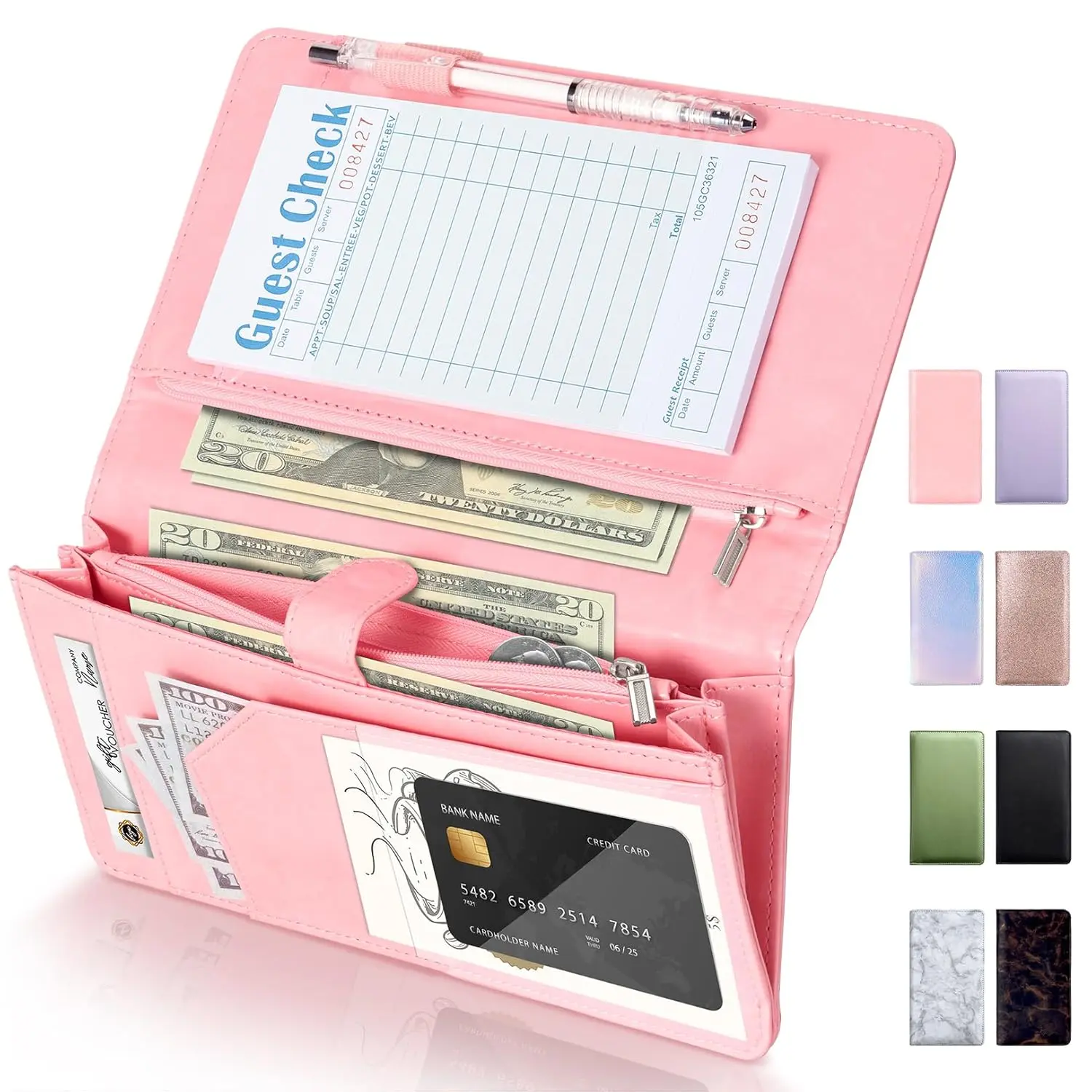 Server Book High Volume, Expandable Server Book,5"x9", Waitress Waiter Book, Sturdy Leather Waitress Book with 2 Zipper Pockets and  Pocket, Server Books Fit Server Apron (Pink)