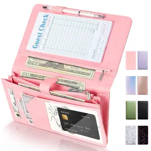 Server Book High Volume, Expandable Server Book,5"x9", Waitress Waiter Book, Sturdy Leather Waitress Book with 2 Zipper Pockets and  Pocket, Server Books Fit Server Apron (Pink)