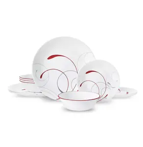 12-Piece Glass Dinnerware Set Service for 4 with Elegant Red Swirl Design and Durable Glass Construction