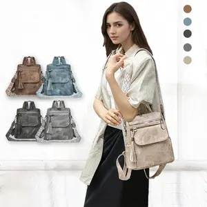 Women's Retro PU Leather Shoulder Bag Top-Handle Backpack with Multi Zipper Pockets for Casual Commuting and School