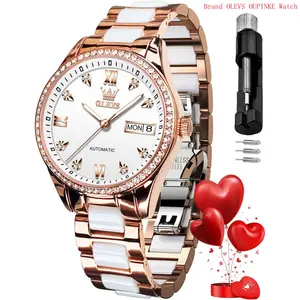 Brand OLEVS Automatic Watches for Women Diamond Fashion Elegant Dress Mechanical Self Winding Date Ladies Wrist Watches Luxury Rose Gold Two Tone Ceramic Watch Waterproof Luminous