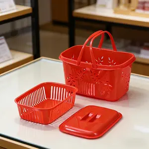 1PC Durable Plastic Shopping Basket with Lid and Inner Sieve, Outdoor Camping Picnic Storage Basket, Multi-Use Store Basket for Home Office