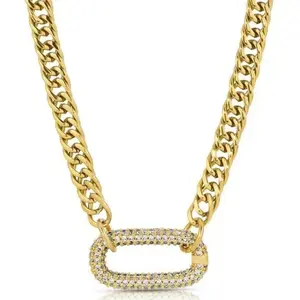 Women's 14K Gold Plated Cuban Links Necklaces Dainty Figaro Chain with Zircon Clasp Layered Costume Jewelry for Christmas