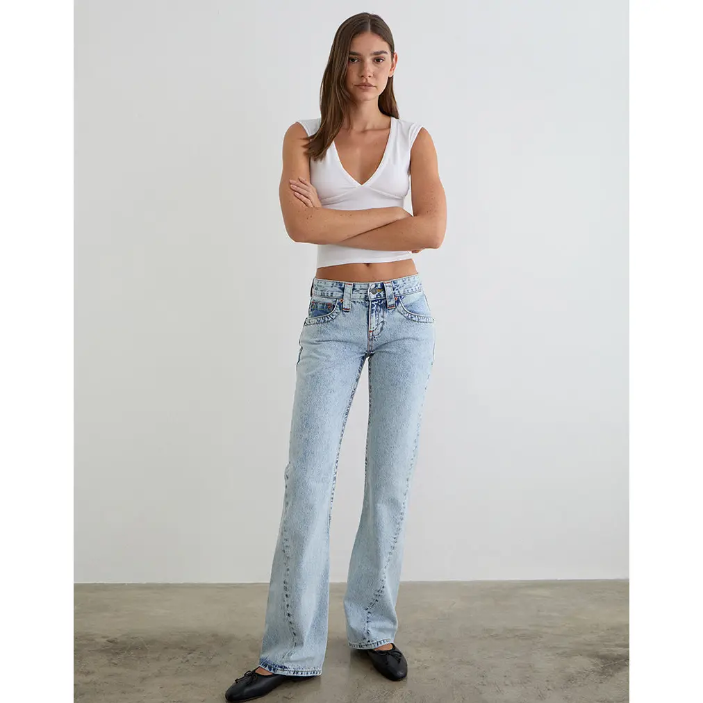 Motelrocks Women's Twisted Seam Jeans in Washed Denim, Low Rise Straight Leg Casual Bottoms with 5 Pockets, Button Fly, Twisted Seam Detailing
