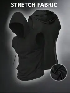 Men's Hooded Sleeveless Gym Tank Top, Black Quick Dry Stretch Mesh Workout Shirt with Drawstring Hood, Sleeveless Design, Perfect for Bodybuilding, Training, Streetwear, Athleisure Street Fit, Athletic Training Apparel