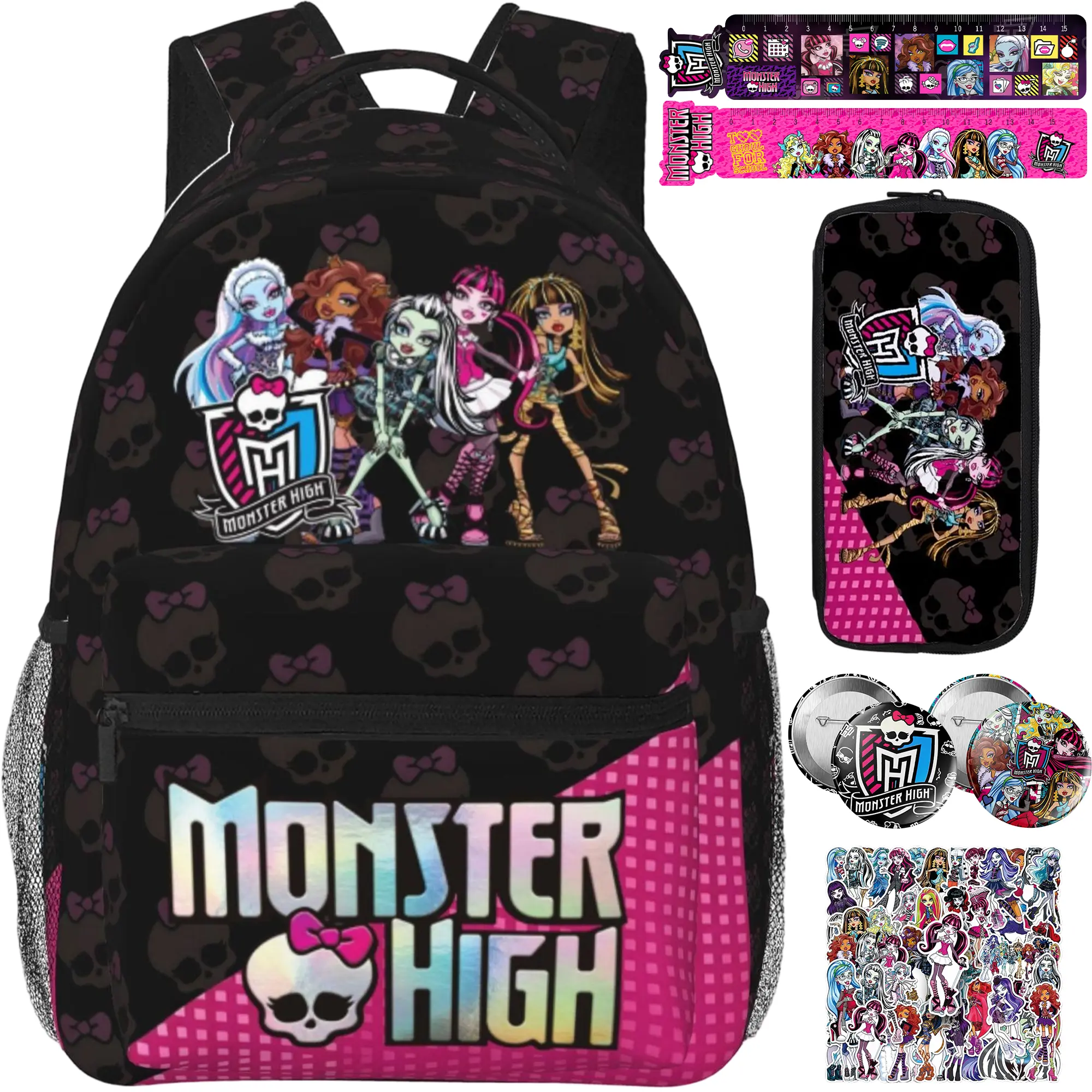 Monster High Doll Print Backpack Set: Backpack, Pencil Case, 2 Rulers, 2 Badges & 10 Stickers, Laptop Bookbag for Teens Girls, Monster High Merch Casual Travel Bag, Perfect Holiday Birthday Xmas Present