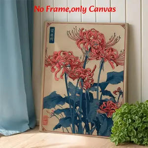 Vintage Japanese Wall Art, Red Spider Lily Ukiyo-e Poster, Vintage Prints, Woodblock Style Printing, Red Blue Beige Canvas Decoration, Living Room & Study Aesthetic, Perfect Housewarming Gift, Decorative Wall Art, Framed.