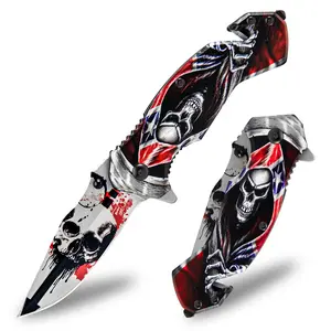A fruit knife with a printed ghost head pattern. It is extremely sharp for cutting fish, meat, vegetables and fruits. It is a good kitchen knife, suitable for camping kitchens and barbecues. It's the perfect gift for men.