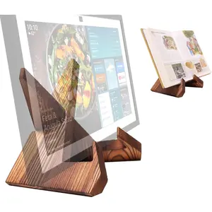 Solid Wood Tablet Computer Stands Compatible for Show15, Show21, Support Both Horizontal and Vertical Modes, Wooden Cookbook Holder Display for Kitchen, Dark Brown