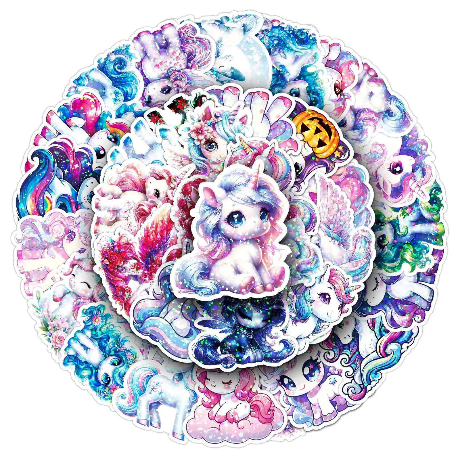 50Pcs Holographic Unicorn Rainbow Horse Stickers, Cute Cartoon Q Version Decorative Cup Stickers, Flashy Colorful Paper Stickers, Decoration Sticker