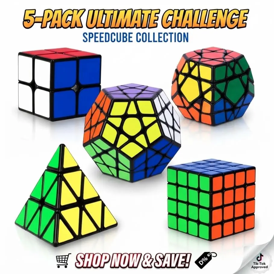Unisex 5-Pack ABS Plastic Speed Cube Puzzle Set - Cube Variants (2x2, 4x4, Pyraminx, Megaminx, Fenghuolun) with Smooth Twist, Brain Teaser Fidget Toys Gift Set for Kids & Adults