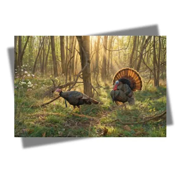 Wild Turkey Sunrise Forest Poster, Spring Turkey Hunting Scene, Rustic Cabin Wildlife Wall Art