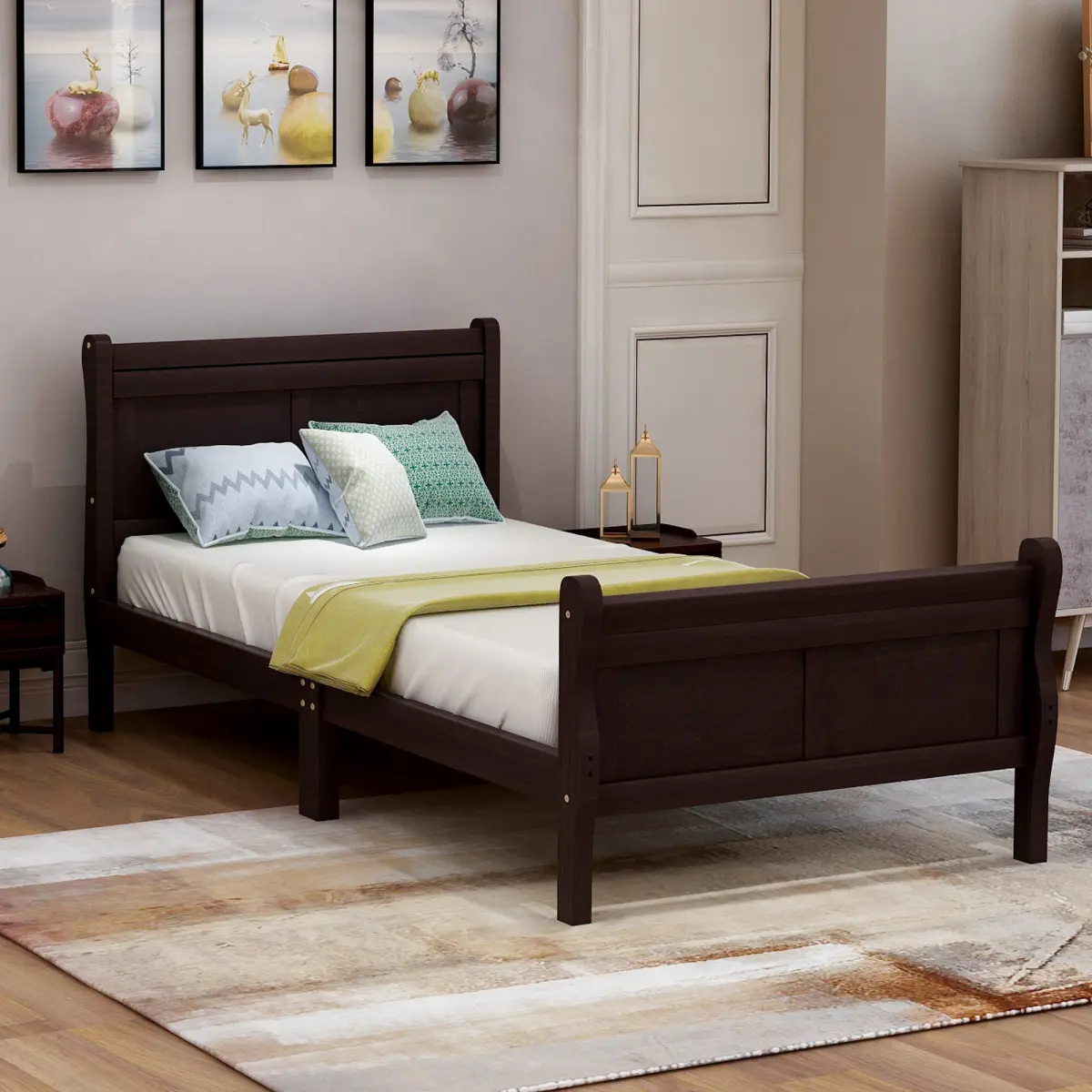 [Fahuac] Durable Modern Single Twin Sleigh Bed Frame for Modern Home Decor, Solid Wood with Hollow Headboard & 16.2-in Footboard, 200 lbs Capacity, 16.1-in Clearance, No Box Spring Needed, Self-Assembly Required, 75.1*38.5-in Guest Room Bed