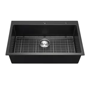 VEVOR 33 inch Kitchen Sink Workstation, Top Mount Granite Sinks, Drop-In Single Bowl Farmhouse Basin with Multiple Accessories, Household Dishwasher Sinks for RV, Prep Kitchen, and Bar (Black)