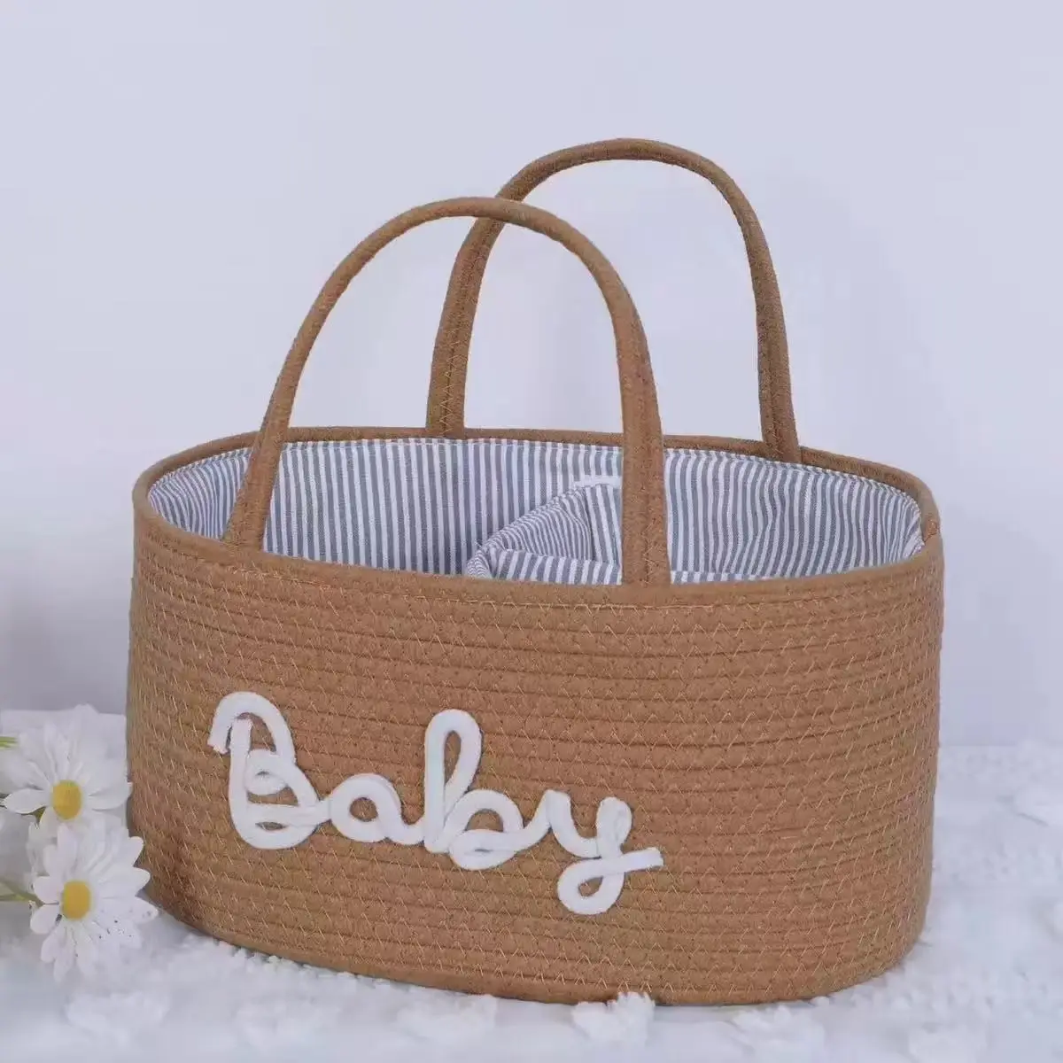 Letter Pattern Storage Basket, Woven Organizer with 3 Compartments, Portable Baby Bottle & Diaper Holder, Home Decor Bathroom Supplies