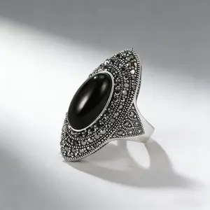 September 925 Sterling Silver Vintage Retro Cocktail Statement Ring Black Agate & Onyx Ring with Black Cubic Zirconia Surrounded Decor, Antique Silver Big Black Stone Ring Victorian Style Jewelry for Women and Men Valentine’s Day gift