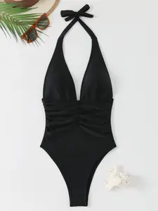 Women's Sexy Solid Color Ruched Design One-Piece Swimsuit, Swimsuit Style, Stylish Swimwear for Beach and Pool, Comfortable and Flattering Fit, Ruched Halter Swimsuit, Halter Bathing Suits