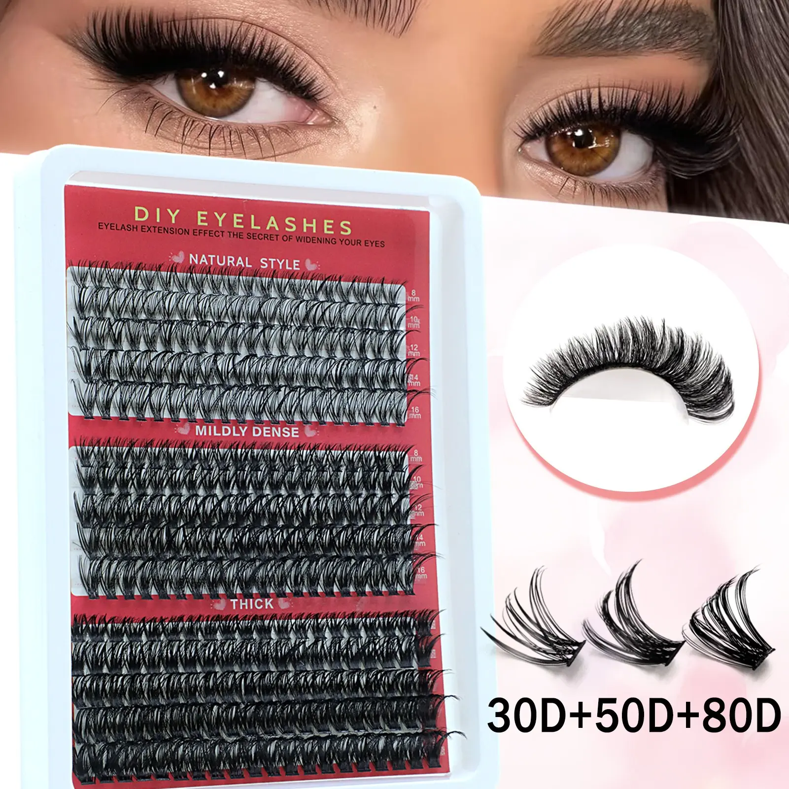 300 fluffy tufted false eyelashes set, 30D/50D/80D single tufted dense effect, Perfect Density Lashes, D roll 8–16mm tufted false eyelashes, suitable for weddings and daily wear, Valentine's Day, false eyelashes, Diy Cluster Lashes