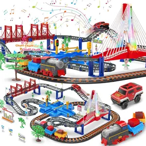Electric Train Set For Kids With Train Tracks Set Car Tracks Lights Up Bridge Road Sign Realistic Sound Train Track Accessories Playset Boy Toys Birthday Kids Toys For Halloween Decorations