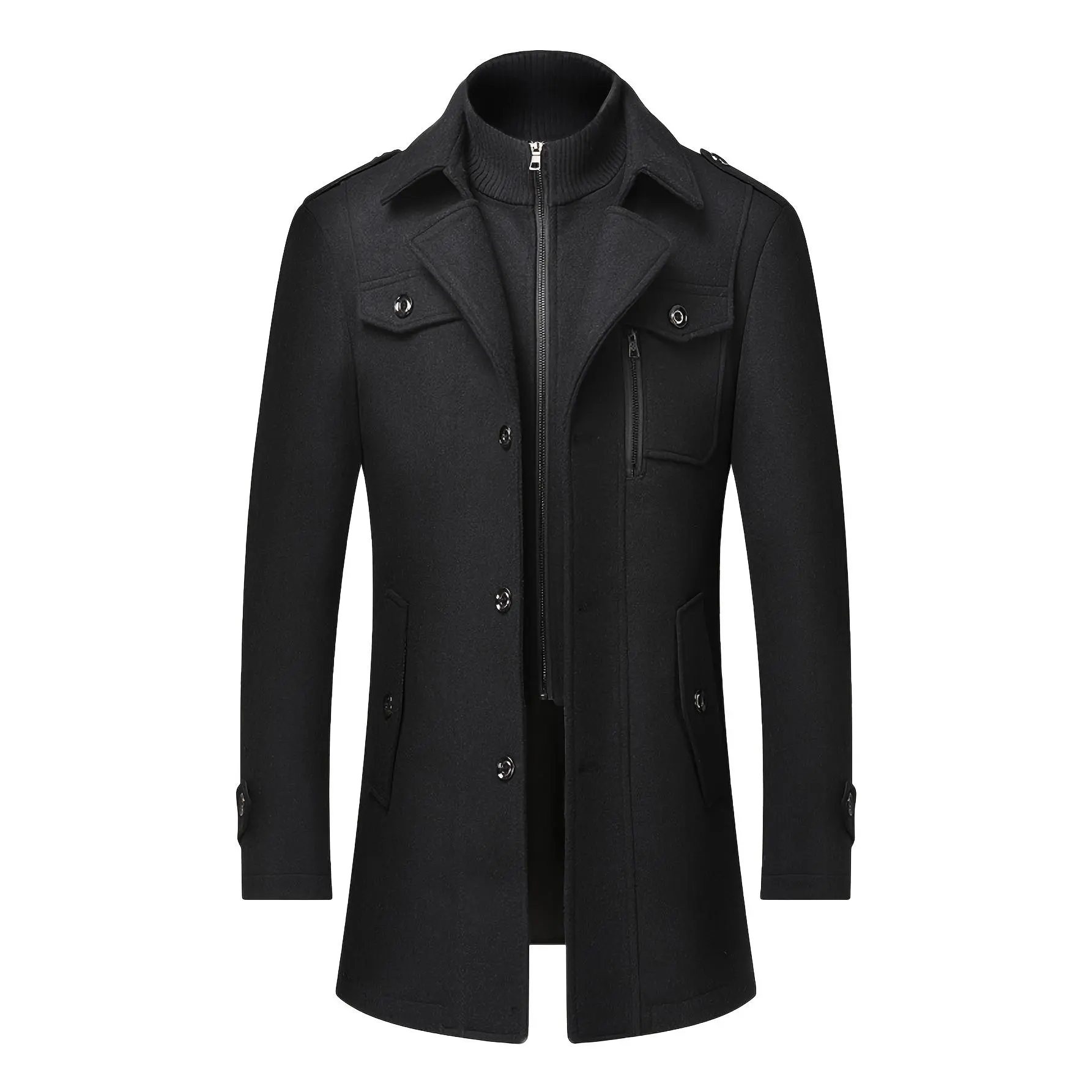 Men's Wool Blend Single-Breasted Trench Coat - Warm Winter Longsleeves Plain Casual Tops with Removable Inner Collar, Regular Fit, Zipper Pockets, Jackets
