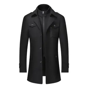 Men's Wool Blend Trench Coat with Removable Inner Collar - Warm Winter Overcoat, Single Breasted, Black, Casual Style, Zipper Pockets, Long Sleeve, Regular Fit for Fall/Winter, INVACHI