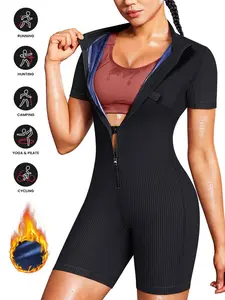 Plus Size Sweat-Wicking Tight-Fitting Shirt, Short Sleeve Zipper Sauna Suit, Ribbed Elastic Shaping, 3-In-1 Sexy Full Coverage Lingerie, Women Workout Clothes