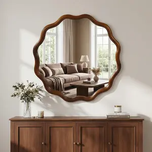 Elountik 24 Inch Wavy Round Solid Wood Frame Decorative Mirror, for Bedroom, Bathroom, Living Room, Entryway in Black Walnut Color
