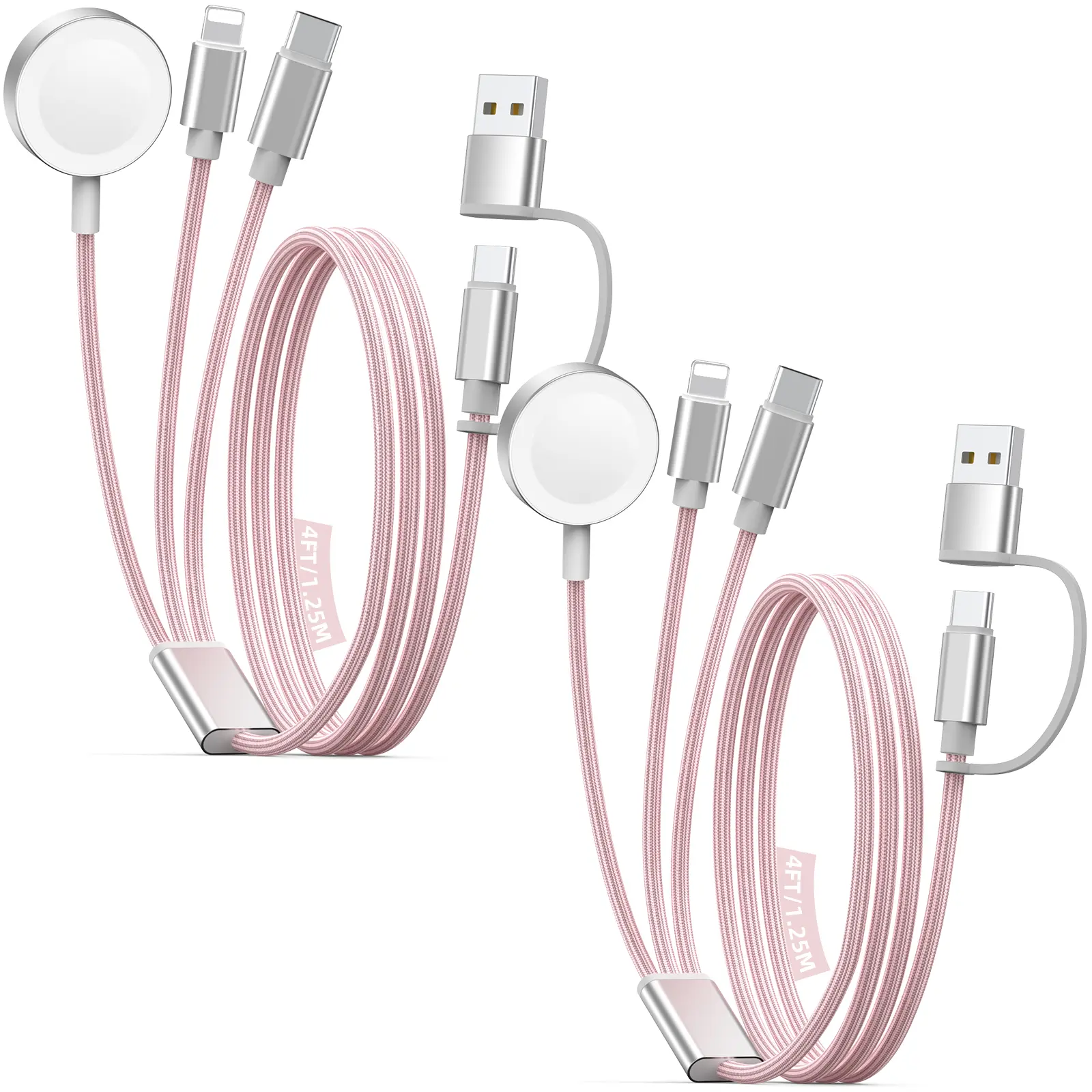 2-in-3 Charging Cable for iWatch Series 11-1/Ultra 3-1/SE 2-1, iPhone 17-12/SE, Android Type-C Phones, USB-A+C Input 4.1FT 2-Pack, Magnetic + Lightning + Type-C 3-in-1 Braided Cord for Travel/Home (Blue/Pink Optional)