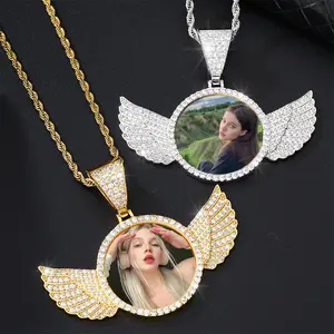 Customizable Hip Hop Angel Wing Round Photo Pendant Necklace with Sparkling Cubic Zirconia - Copper, Ideal for Daily Wear & Gifts, Father'S Day Special, Everyday Accessory|Hip Hop Style|Round Pendant Necklac