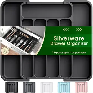 Silverware Organizer - Expandable Kitchen Drawer Organizer, Adjustable Utensil Organizer, Cutlery Tray for Forks, Knives, Multipurpose Kitchen Organizers and Storage Solution, Black, Medium