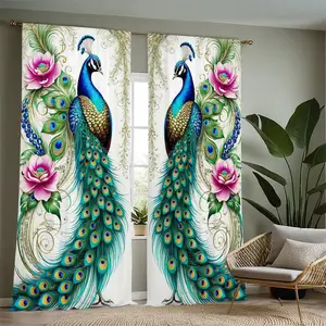 Peacock Pattern Door Curtain, 2 Counts Modern Art Semi-blackout Window Curtain, Fashionable Home Decoration for Living Room Bedroom Office Window Decorations Supplies