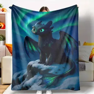 Northern Lights Dragon Flannel Blanket,Toothless Style Digital Art Pattern,Soft Cozy Warmth,Lightweight,for Winter Vacation,Travel,Living Room,Home Decor,Bed Sofa Couch Relaxing Nap,Breathable Perfect Present,Durable and Fade Resistant
