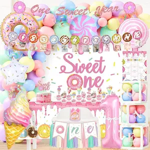 Sweet One 1st Birthday Girl Decorations: Donut & Ice Cream Theme, Pink & Pastel Colors, Includes Balloons, Banners, Tablecloth, Cake Topper, Backdrop & More