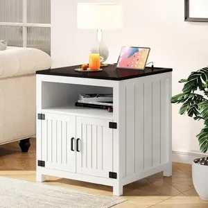 AesthLife End Table with Charging Station, 23.6''W Large Sofa Side Table with Barn Door, Farmhouse Nightstand for Living Room, Bedroom
