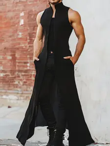 INCERUN Men Long Style Shirt Solid Color Stand Collar Sleeveless Open Stitch Cardigan Men Streetwear Fashion Outerwear Tops