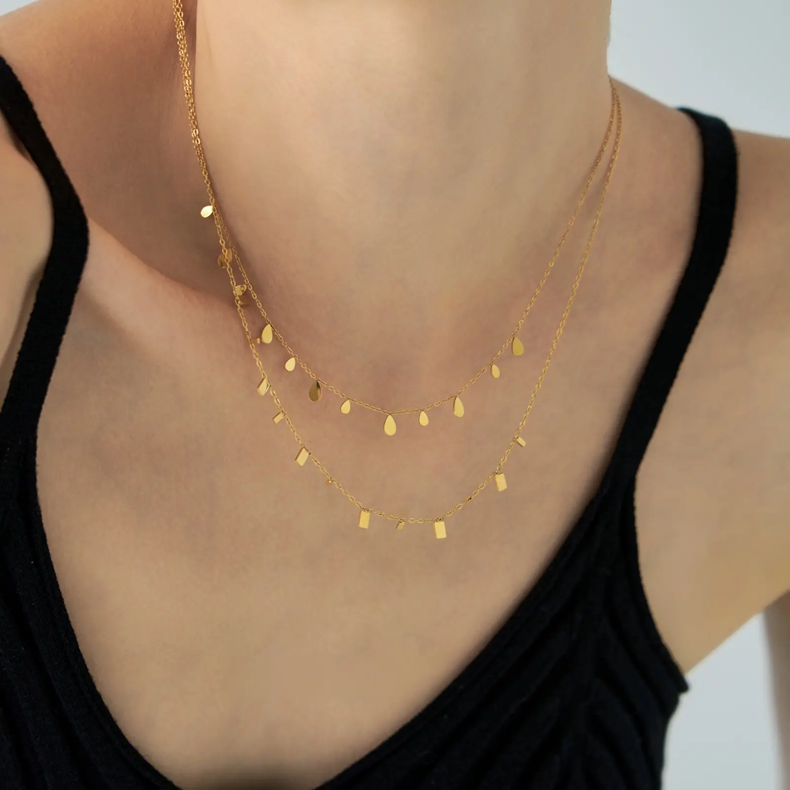 Dainty Dangling Charm Necklace for Women, Stainless Steel Waterproof Disc Teardrop Bar Layered Choker, Tarnish Free Shimmer Boho Everyday Jewelry