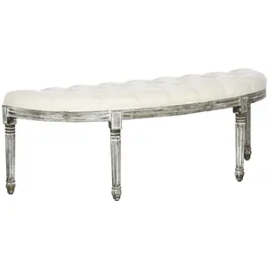 Semi-Circle End of Bed Bench with Tufted Design Upholstered Bedroom Entryway Bench with Rubberwood Legs Off White